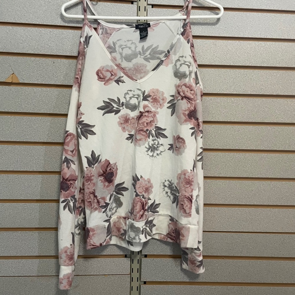 Rue 21 Floral Cold Shoulder V Neck Long Sleeve Top Women's Sz S White Pink Gray